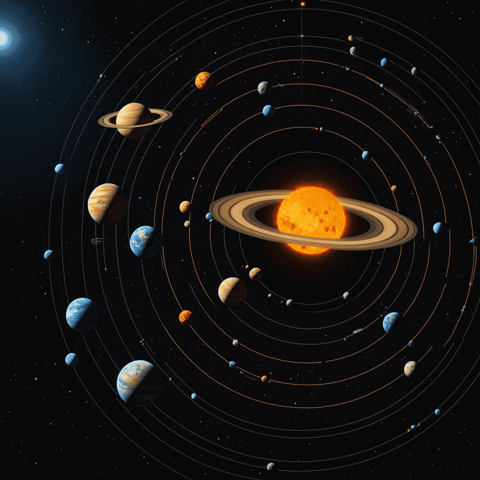 Visualisierung der planetarischen Transite mit farbigen Bahnen der Planeten um die Sonne vor einem dunklen Weltraumhintergrund