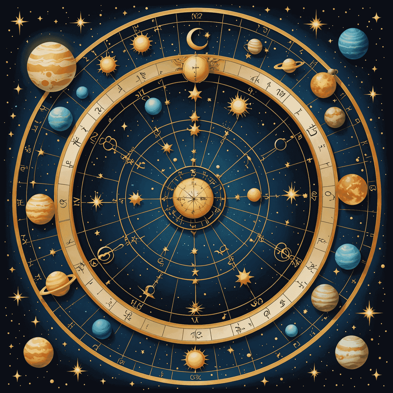 Illustration einer astrologischen Karte mit Planeten, Tierkreiszeichen und mystischen Symbolen vor einem sternenklaren Himmel