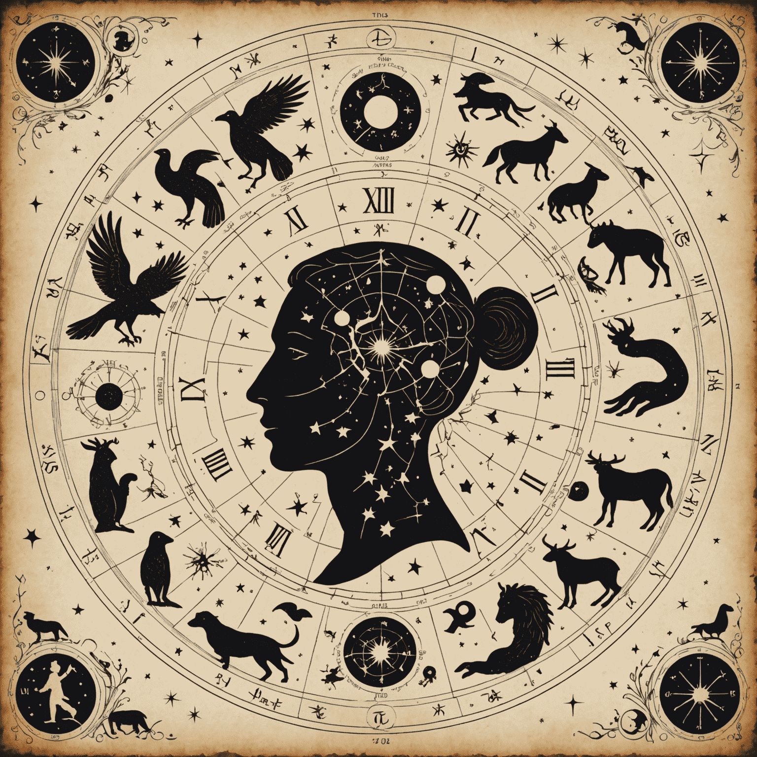 Illustration der Tierkreiszeichen, die eine menschliche Silhouette umgeben, symbolisch für den Einfluss der Astrologie auf das tägliche Leben