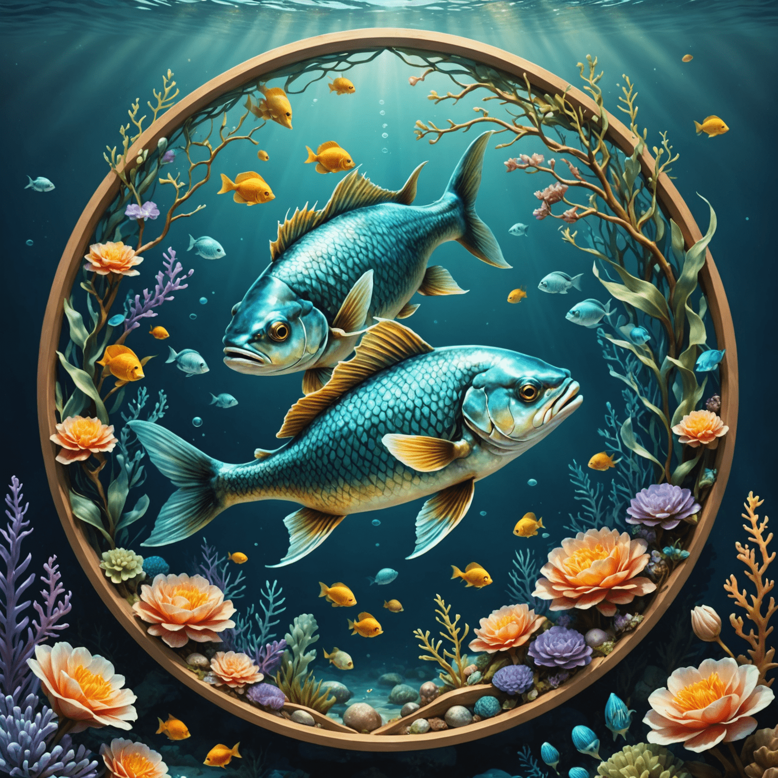 Illustration der Fische – zwei ineinander verschlungene Fische, umgeben von einer Wasserwelt, die Intuition und Traumhaftigkeit symbolisiert