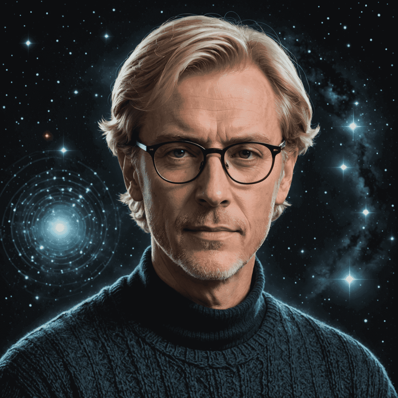 Porträt des Astrologen Petr mit kurzen hellen Haaren und Brille, gekleidet in einem dunklen Pullover