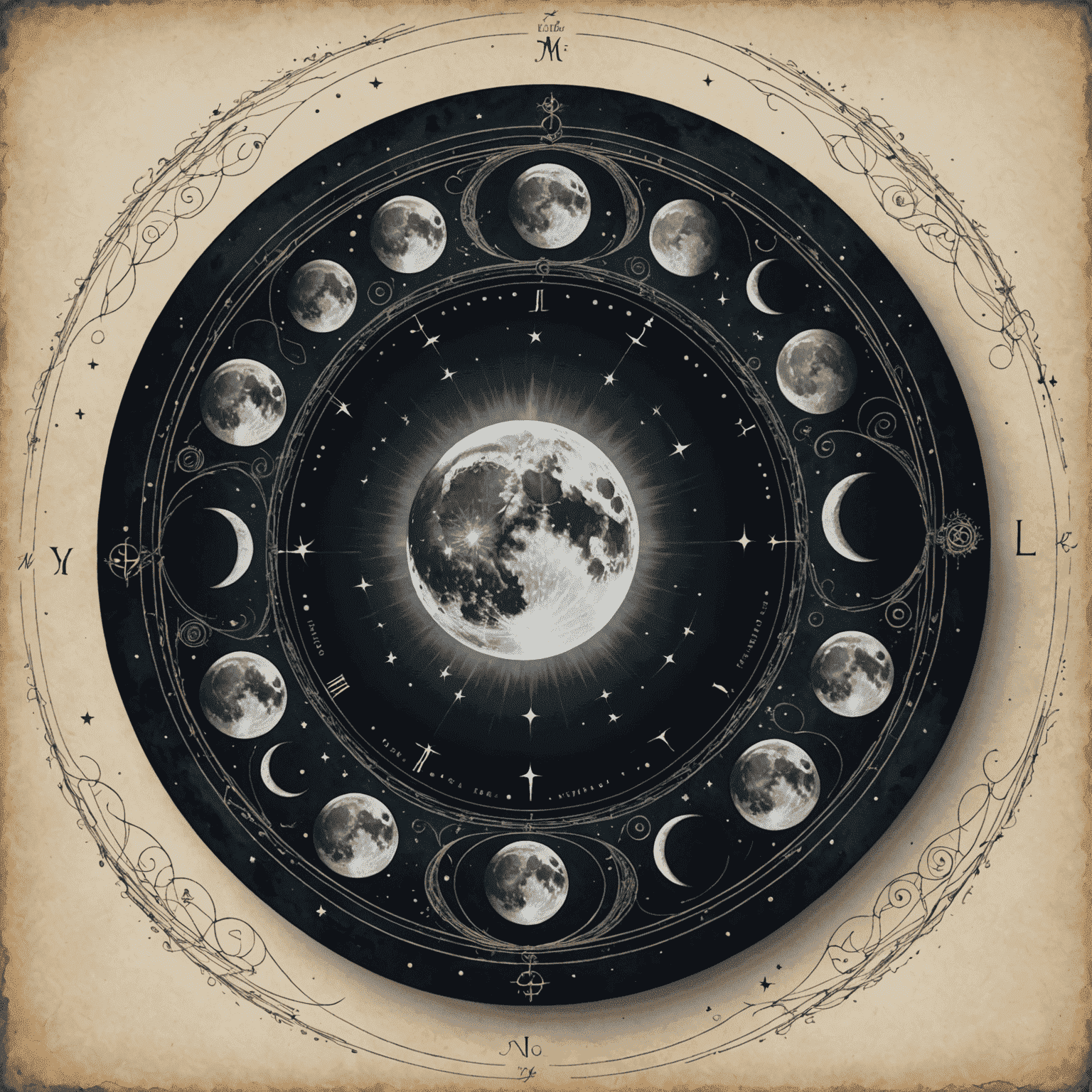 Verschiedene Mondphasen, dargestellt in einem Kreis mit mystischen Symbolen und energetischen Wellen