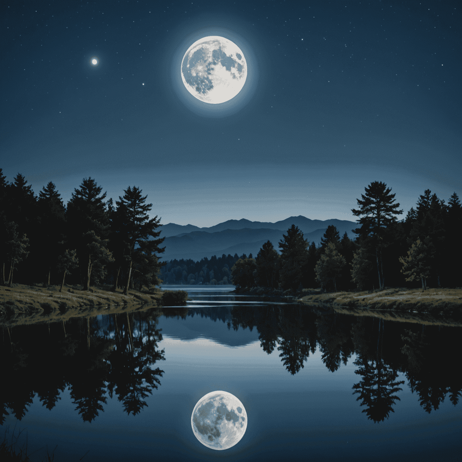 Ein Vollmond, der über einer nächtlichen Landschaft leuchtet und sich in einer ruhigen Wasseroberfläche spiegelt