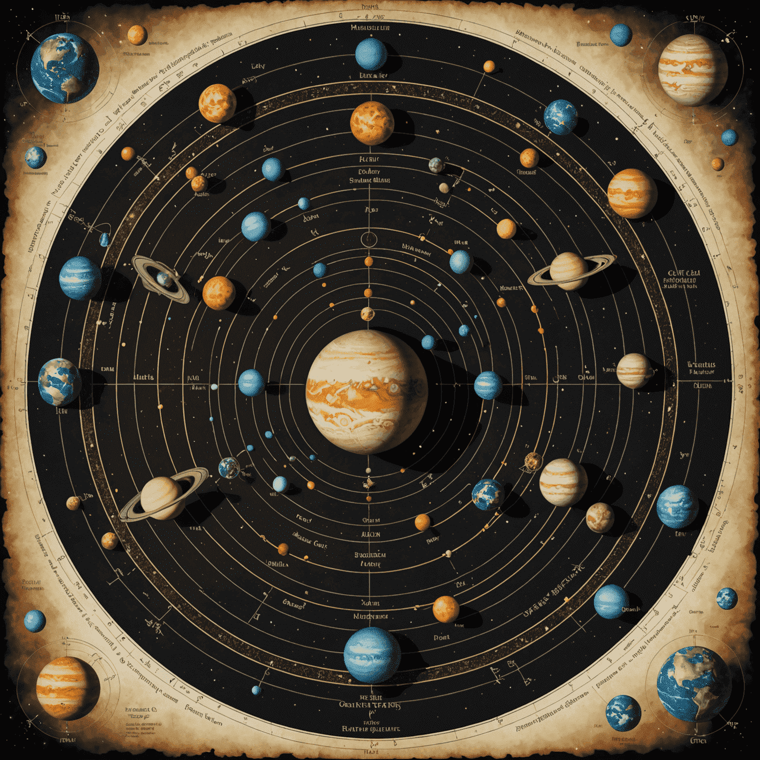 Ein Schema planetarischer Bahnen und ihrer gegenseitigen Aspekte mit mystischen Symbolen