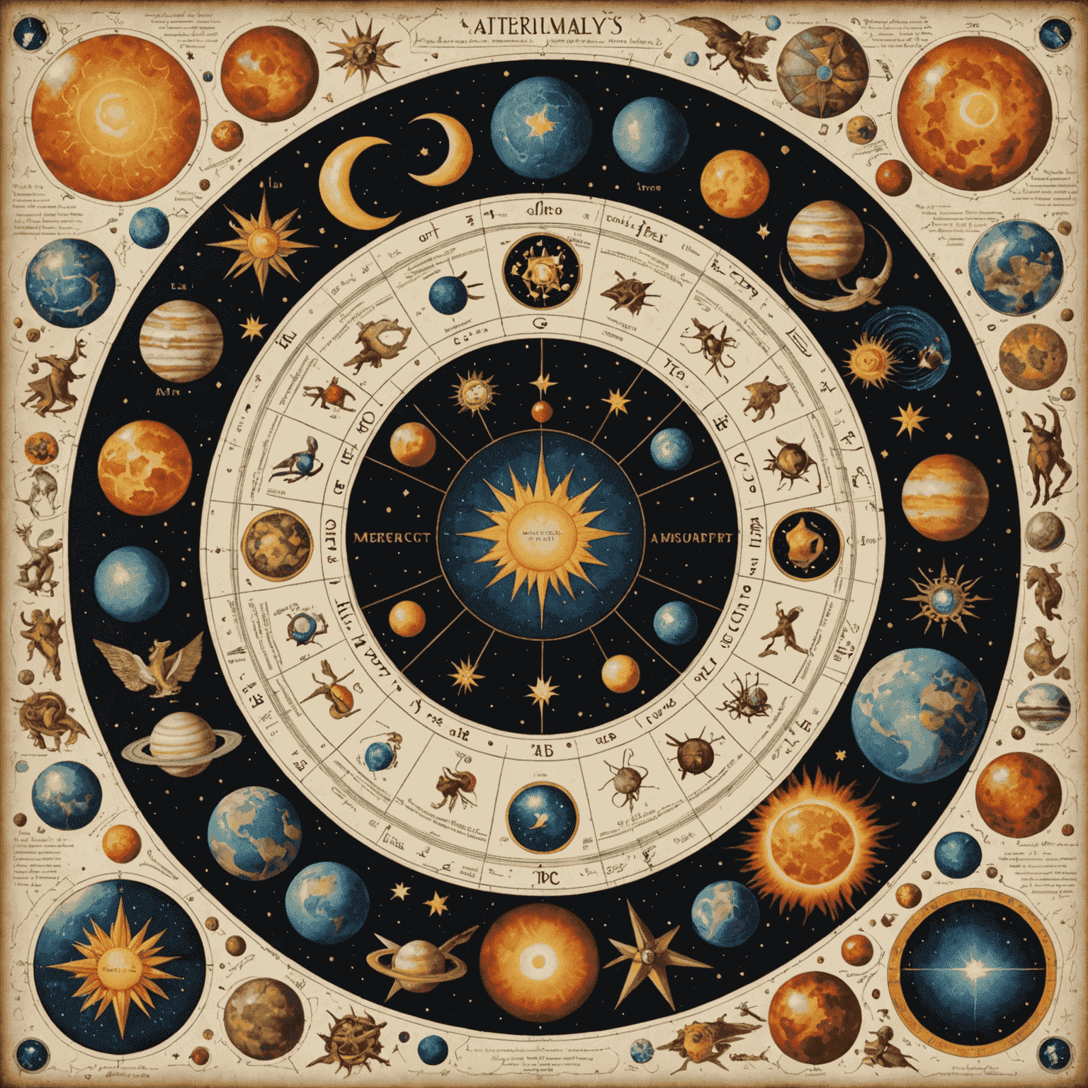 Collage, die verschiedene Lebensaspekte zeigt, die durch Astrologie beeinflusst werden – Karriere, Liebe, Gesundheit